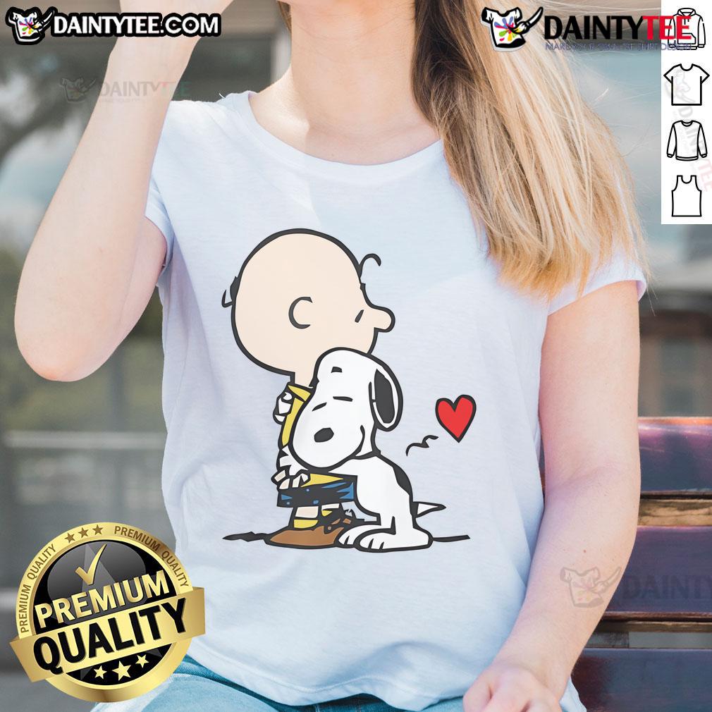 Cute Peanuts Snoopy hug ladies tee featuring Snoopy and Woodstock in a heartwarming design for fans.