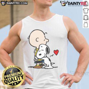 Cute Peanuts Snoopy hug tank top featuring Snoopy and Woodstock in a playful design for casual summer wear.