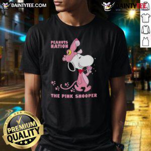 Alt Text: Cute Snoopy Peanuts Nation pink t-shirt featuring the adorable Snooper design, perfect for fans of Peanuts.