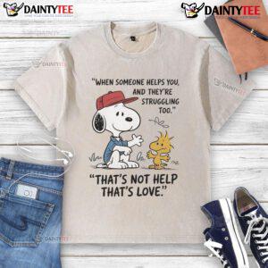 Alt Text: Cute Snoopy graphic on a washed T-shirt, showcasing love and support when helping others in tough times.