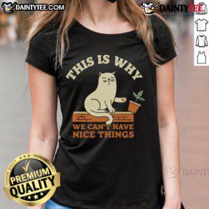 Funny cat image featuring a playful feline with the text This is why we can't have nice things on a ladies' tee.