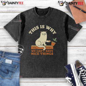 Alt Text: Funny cat on a washed T-shirt with text This Is Why We Can't Have Nice Things, perfect for cat lovers and humor fans.