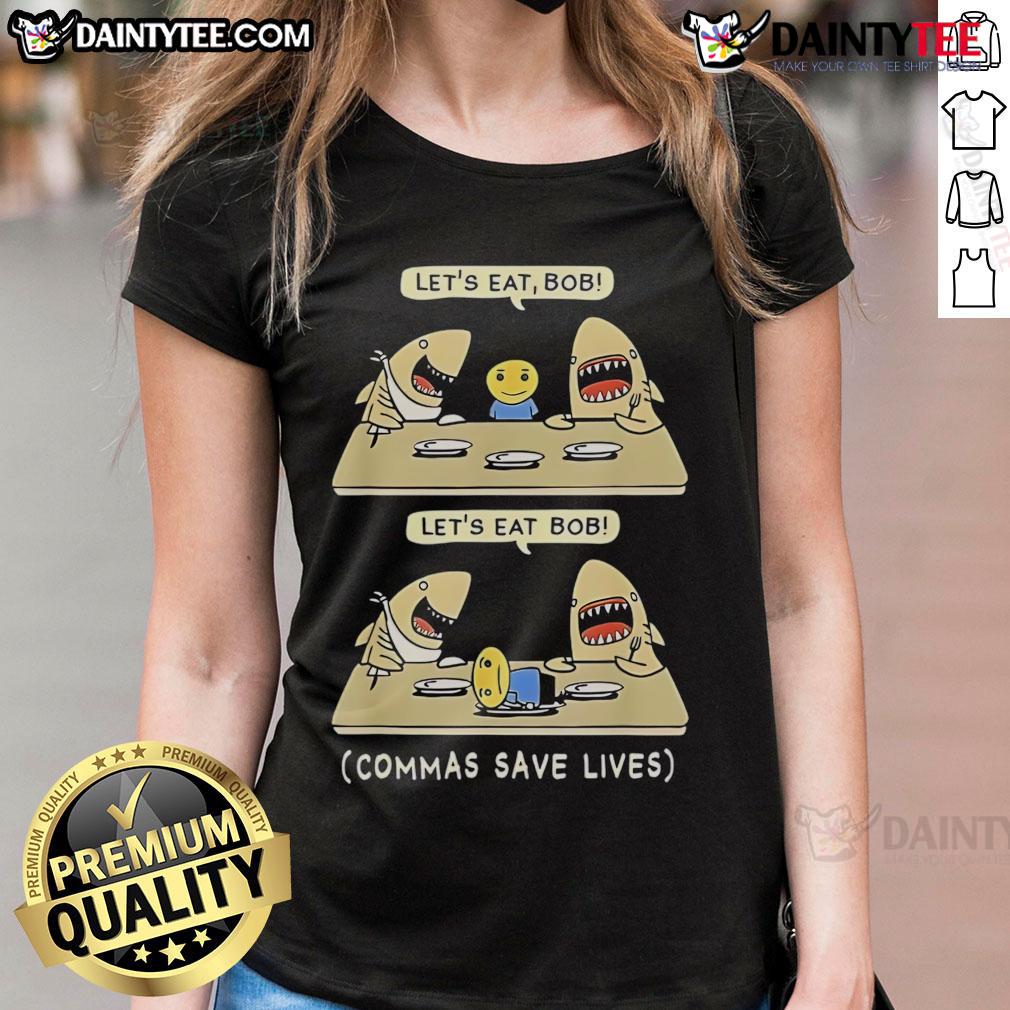 Funny Commas Punctuation Shark graphic tee: 'Let's Eat, English Ladies' - humorous shirt for grammar enthusiasts.