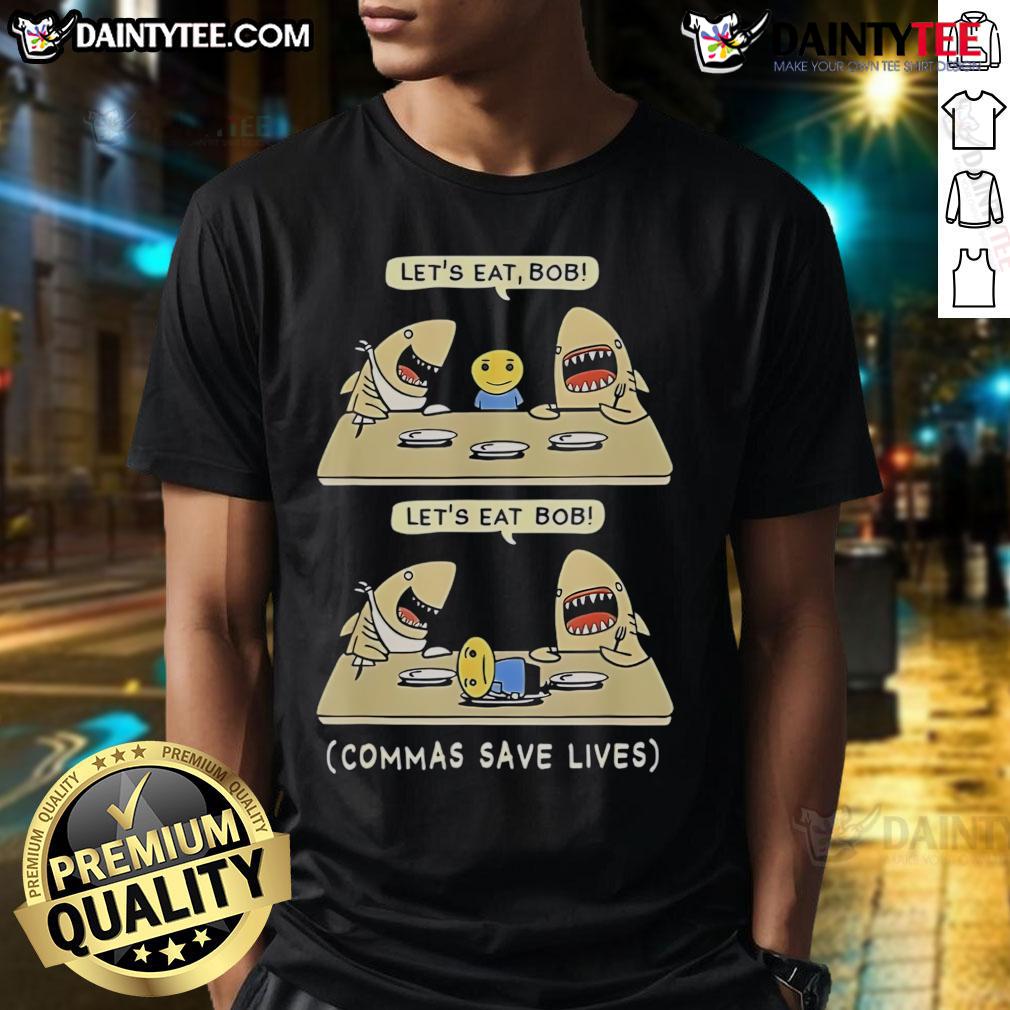 Funny Commas Punctuation Shark graphic on a t-shirt, featuring the phrase 'Let's Eat, English!' for language lovers.