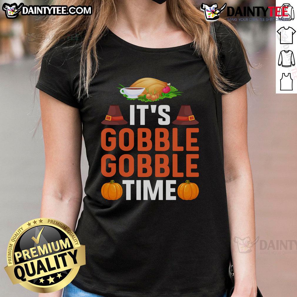 Funny 'Gobble Gobble' Thanksgiving Ladies Tee featuring a playful turkey design for festive holiday fun.