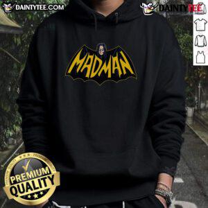 Funny mad man wearing a Batman logo hoodie, showcasing a humorous take on superhero fashion.
