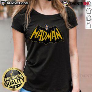 Funny mad man graphic on Batman logo ladies tee, perfect for comic fans and casual wear. Stylish and humorous design.