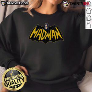 Funny mad man wearing a Batman logo sweatshirt, showcasing a quirky design perfect for comic fans and casual wear.