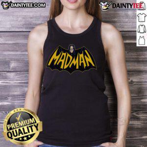 Funny mad man wearing a Batman logo tank top, showcasing a quirky style and humor in casual fashion.