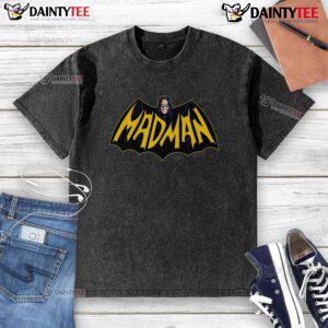 Funny mad man wearing a Batman logo washed t-shirt, showcasing a quirky style and playful humor.