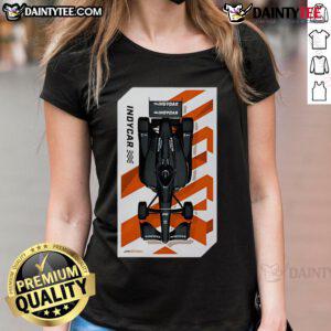 Good 2025 IndyCar Nick abstract car design on a ladies tee, showcasing vibrant colors and a dynamic racing theme.