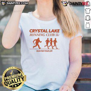 Good Crystal Lake Running Club 'Run For Your Life' ladies tee, established 1980, featuring a vibrant design and comfortable fit.