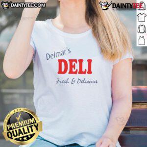 Good Peter Parker wearing Delmar's Deli fresh and delicious ladies tee, showcasing a stylish and casual look.