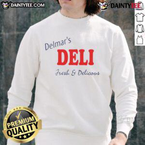 Good Peter Parker wearing Delmar's Deli fresh and delicious sweatshirt, showcasing a stylish and comfy look.