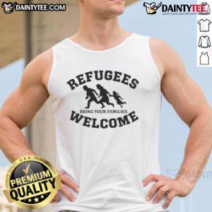 Silhouette of a person wearing a 'Good Refugees Welcome' tank top, promoting inclusivity and family unity.