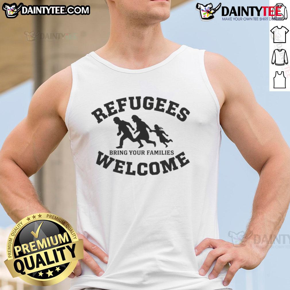 Silhouette of a person wearing a 'Good Refugees Welcome' tank top, promoting inclusivity and family unity.
