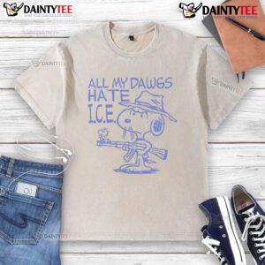 Good Snoopy All My Dawgs Hate I.C.E. washed t-shirt featuring a playful Snoopy graphic, perfect for casual wear.