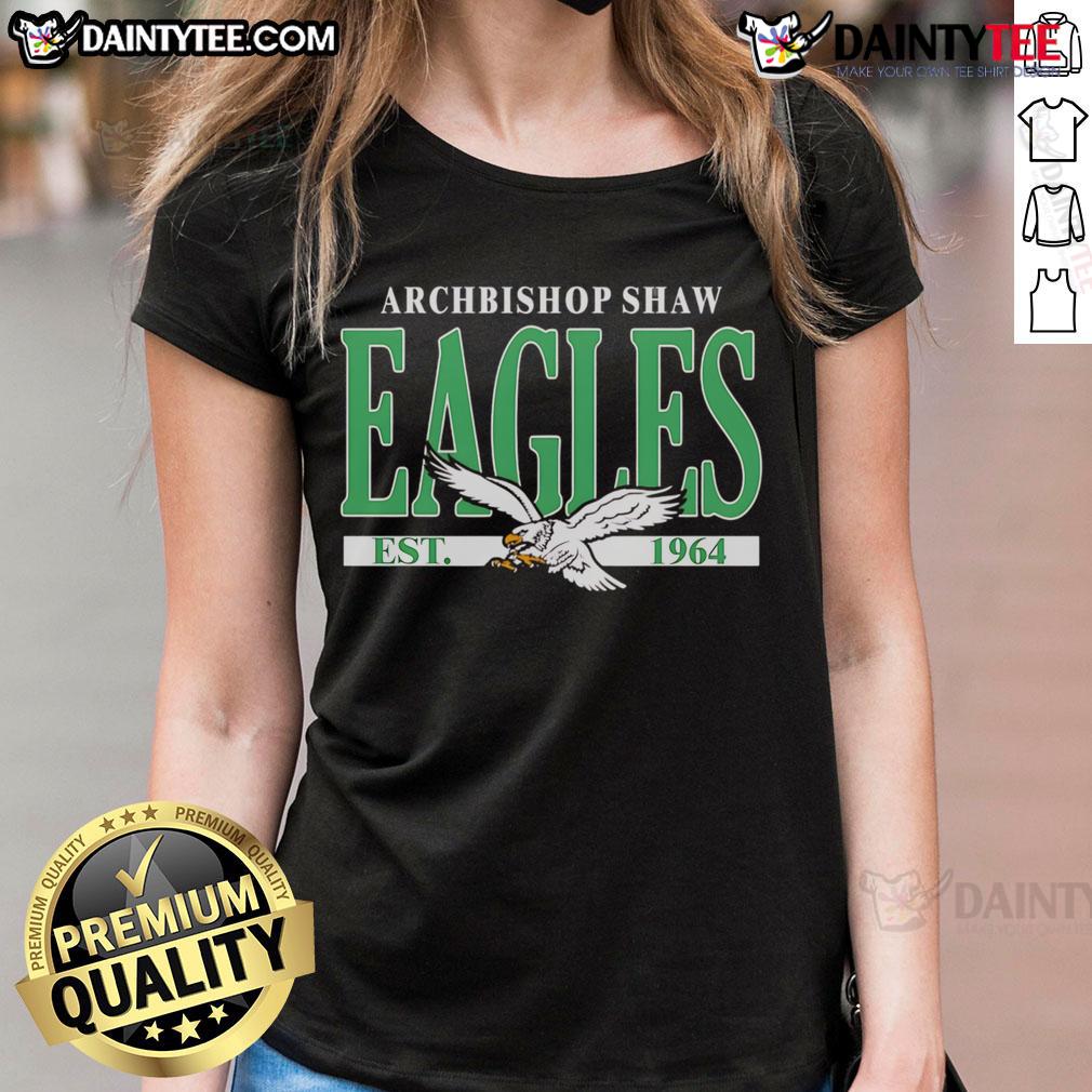 Happy Philadelphia Eagles ladies tee featuring Archbishop Shaw Eagles established 1964 design in vibrant colors.
