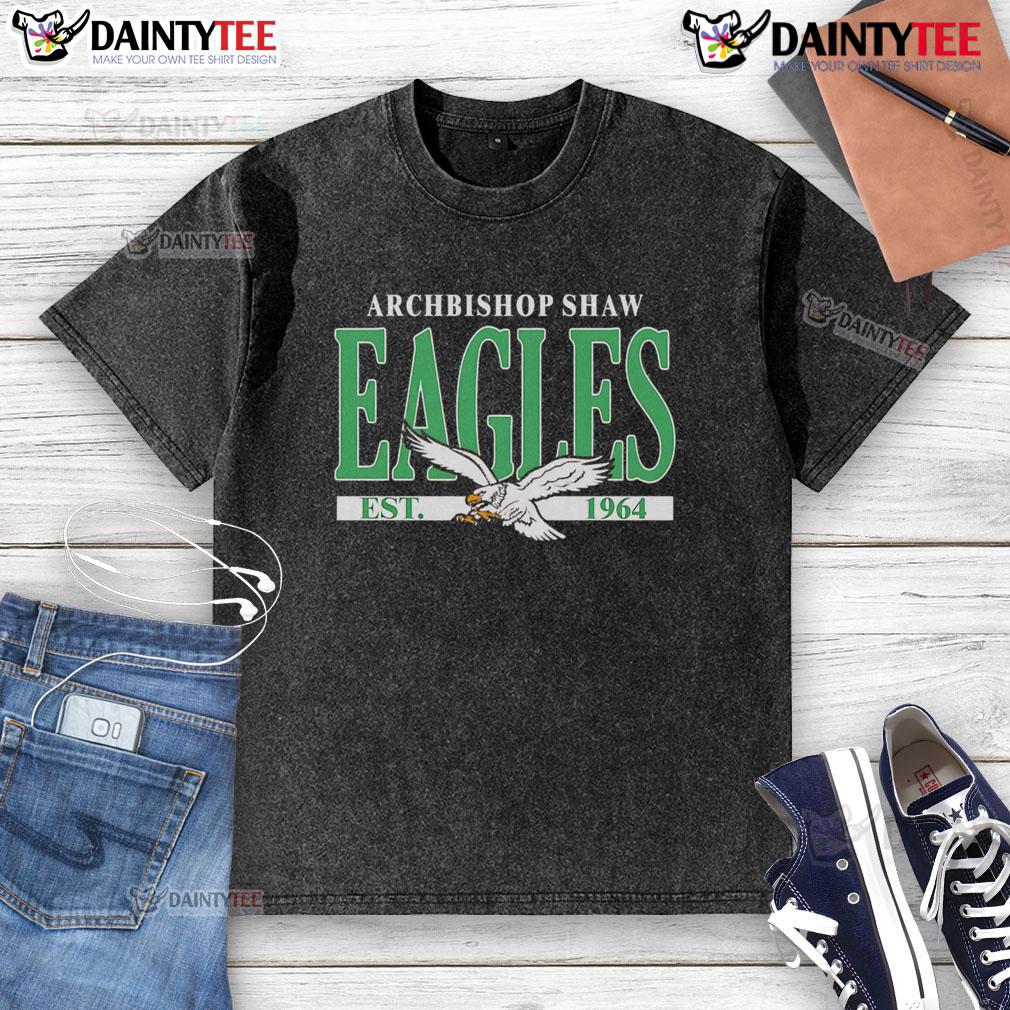 Alt Text: Happy Philadelphia Eagles Archbishop Shaw Eagles Est 1964 washed t-shirt showcasing team spirit and vintage style.