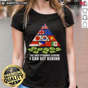 Hot Trump Tariff Pyramid Scheme ladies tee showcasing a humorous design about tariffs and pyramid schemes.