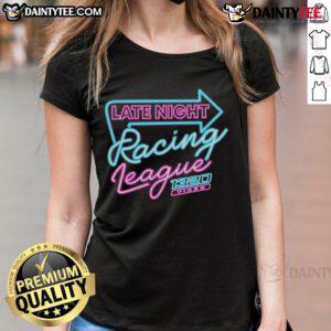Alt Text: Neon graphic of late-night racing league on a ladies tee from Nice-1320Video, perfect for racing enthusiasts.