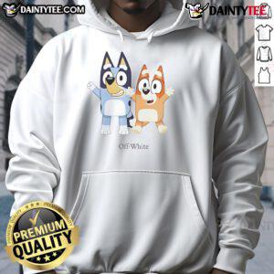 Alt Text: Nice Bluey and Bingo off-white hoodie featuring playful cartoon designs, perfect for fans of the beloved children's show.