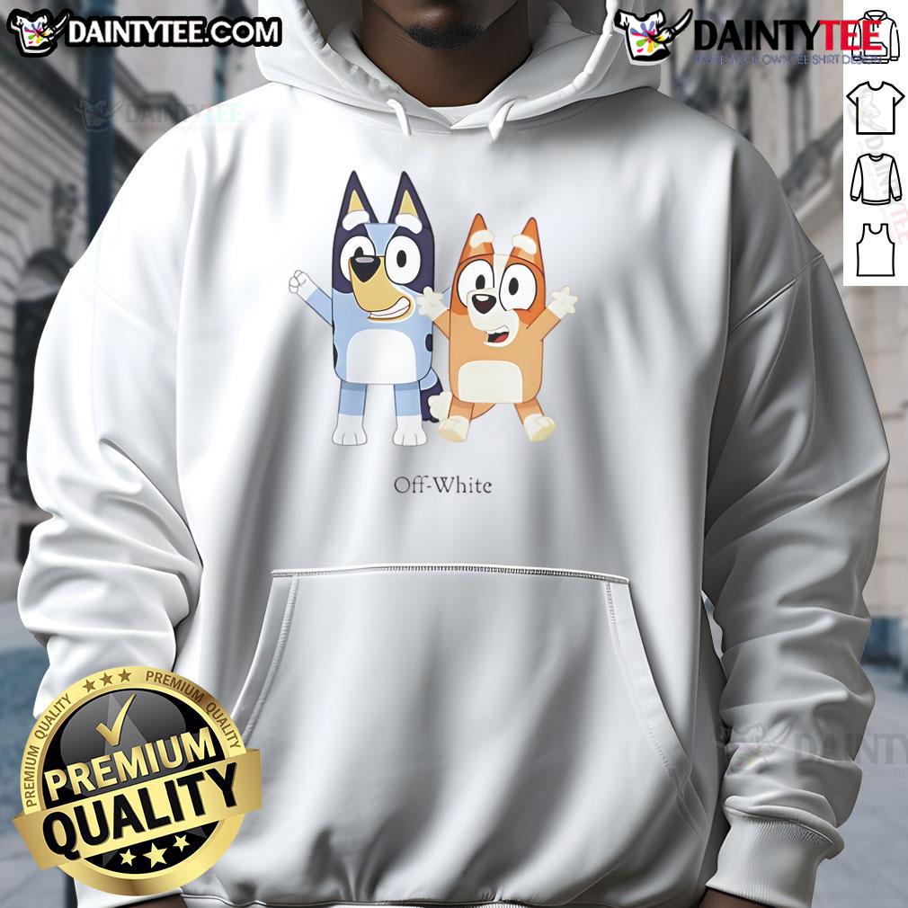 Alt Text: Nice Bluey and Bingo off-white hoodie featuring playful cartoon designs, perfect for fans of the beloved children's show.