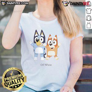Nice Bluey and Bingo off-white ladies tee featuring a playful design of the beloved cartoon characters.