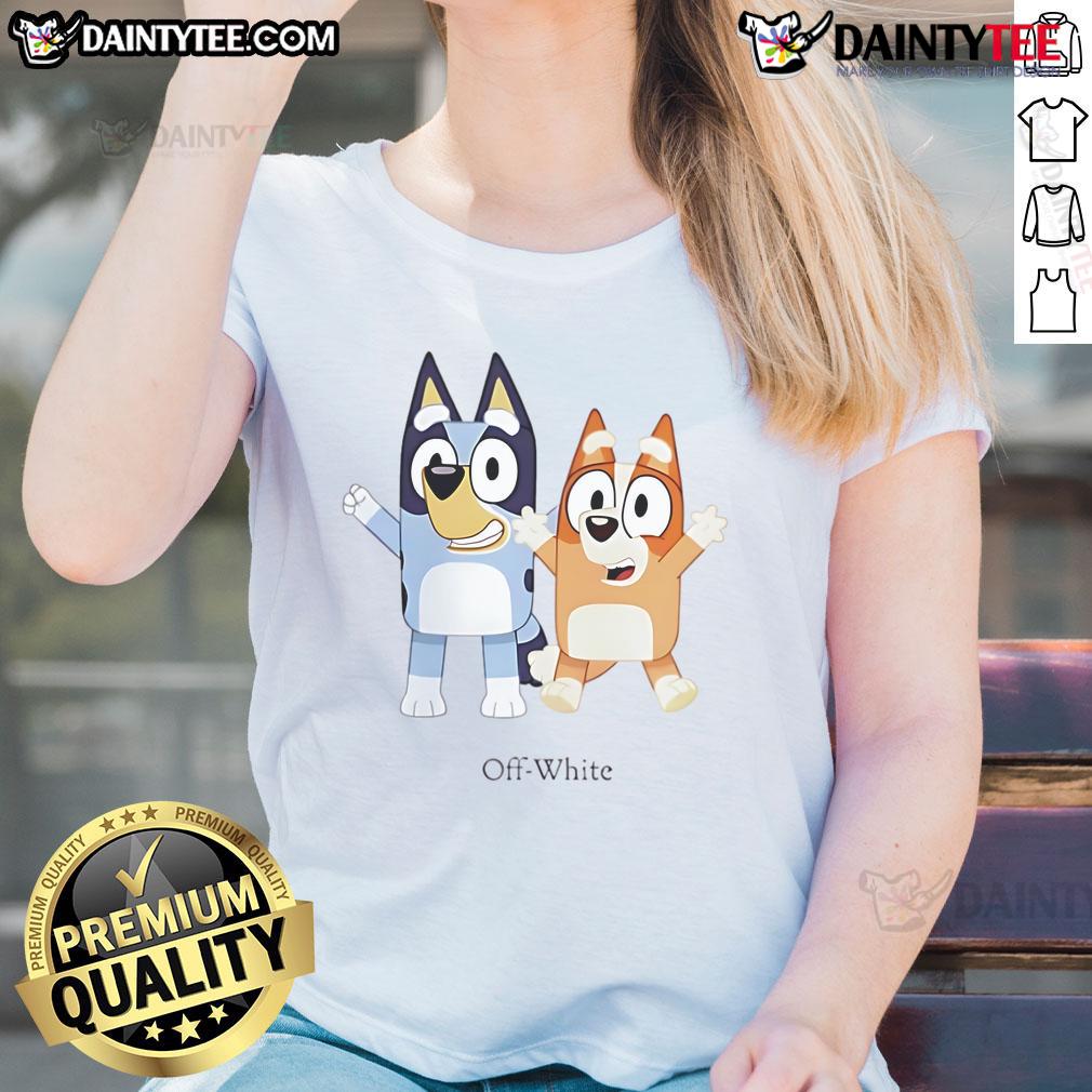 Nice Bluey and Bingo off-white ladies tee featuring a playful design of the beloved cartoon characters.