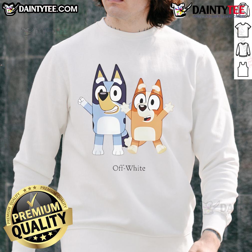 Alt Text: Nice Bluey and Bingo off-white sweatshirt featuring adorable cartoon characters, perfect for cozy, casual wear.