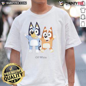 Alt Text: Nice Bluey and Bingo off-white t-shirt featuring colorful cartoon designs, perfect for kids who love Bluey.