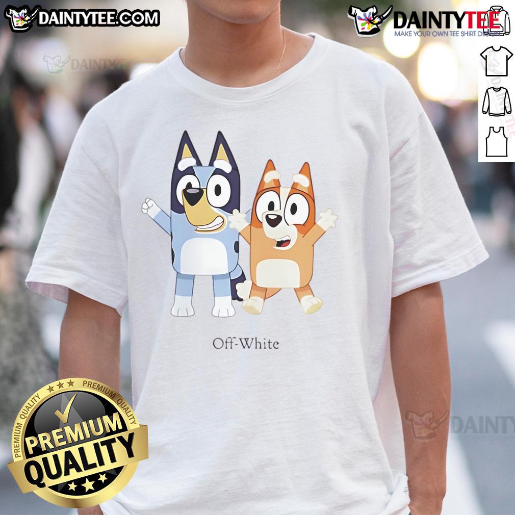 Alt Text: Nice Bluey and Bingo off-white t-shirt featuring colorful cartoon designs, perfect for kids who love Bluey.