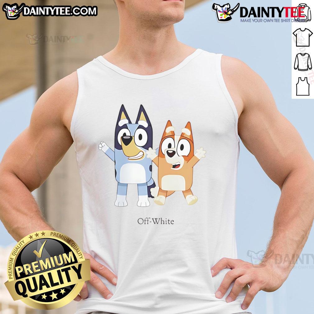 Cute off-white tank top featuring Nice Bluey and Bingo characters, perfect for kids' casual wear.