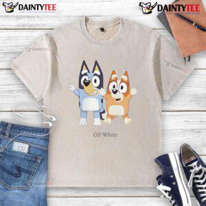 Nice Bluey and Bingo off-white washed t-shirt featuring colorful cartoon characters for kids' casual wear.