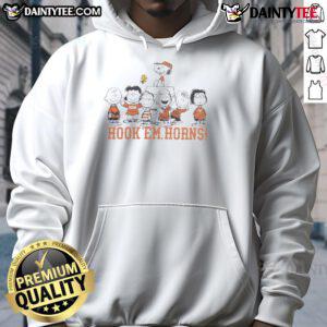Alt Text: Texas Longhorns Snoopy and Friends hoodie featuring 'Hook Em Horns' design, perfect for fans and cozy wear.