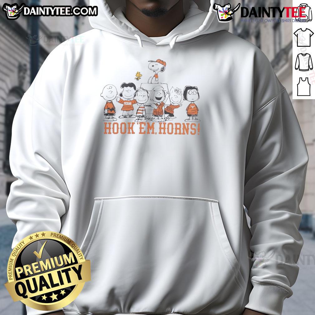 Alt Text: Texas Longhorns Snoopy and Friends hoodie featuring 'Hook Em Horns' design, perfect for fans and cozy wear.