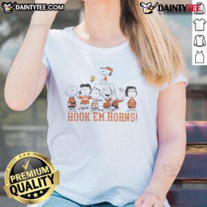 Nice Texas Longhorns Snoopy and Friends Hook 'Em Horns ladies tee featuring fun graphics and vibrant colors.