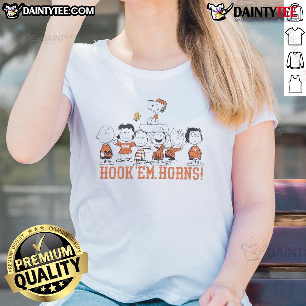 Nice Texas Longhorns Snoopy and Friends Hook 'Em Horns ladies tee featuring fun graphics and vibrant colors.