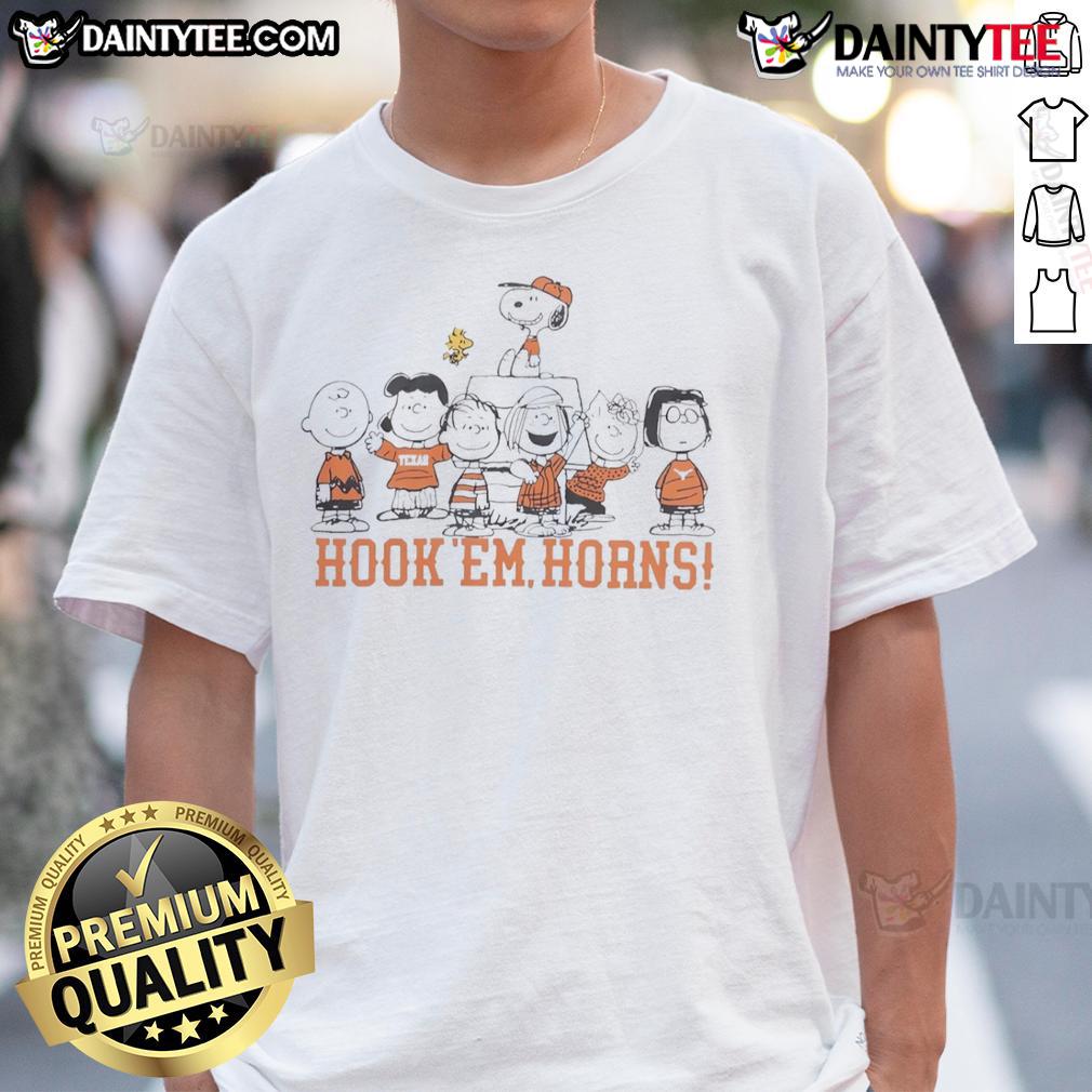 Alt Text: Texas Longhorns Snoopy and Friends Hook 'Em Horns T-Shirt featuring vibrant graphics and team spirit design.
