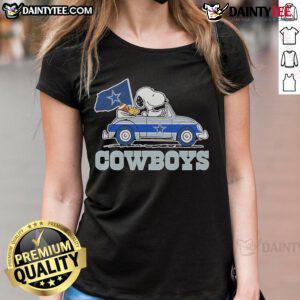 Alt Text: Official 2025 Snoopy and Woodstock car logo on a stylish Cowboys ladies tee, perfect for fans and collectors.