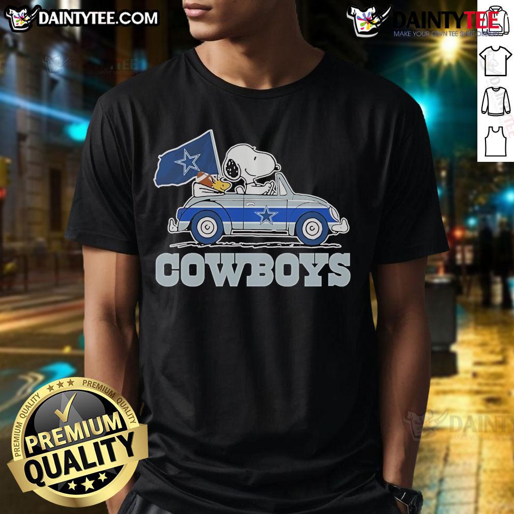 Official 2025 Snoopy and Woodstock Car Logo Cowboys T-Shirt featuring vibrant graphics and a stylish design for fans.