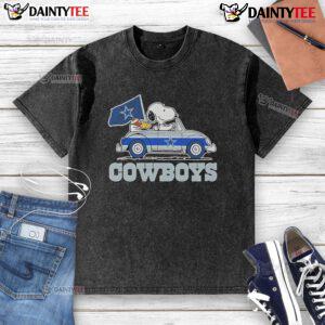 Official 2025 Snoopy and Woodstock car logo on a Cowboys washed t-shirt, featuring vibrant colors and relaxed fit design.