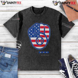 Alt Text: Official Anthracite Milwaukee Brewers Americana Logo Washed T-Shirt featuring a vintage-style logo and comfortable fit.