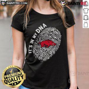 Official Arkansas Razorbacks In My DNA ladies tee, featuring a stylish design perfect for passionate Razorbacks fans.