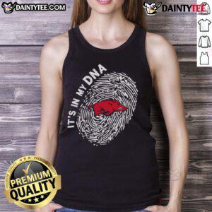 Official Arkansas Razorbacks In My DNA tank top featuring team colors and logo, perfect for fans and game day wear.