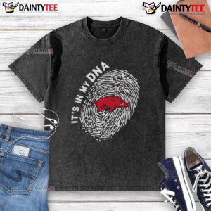 Official Arkansas Razorbacks In My DNA washed t-shirt showcasing team pride and style for fans and supporters.