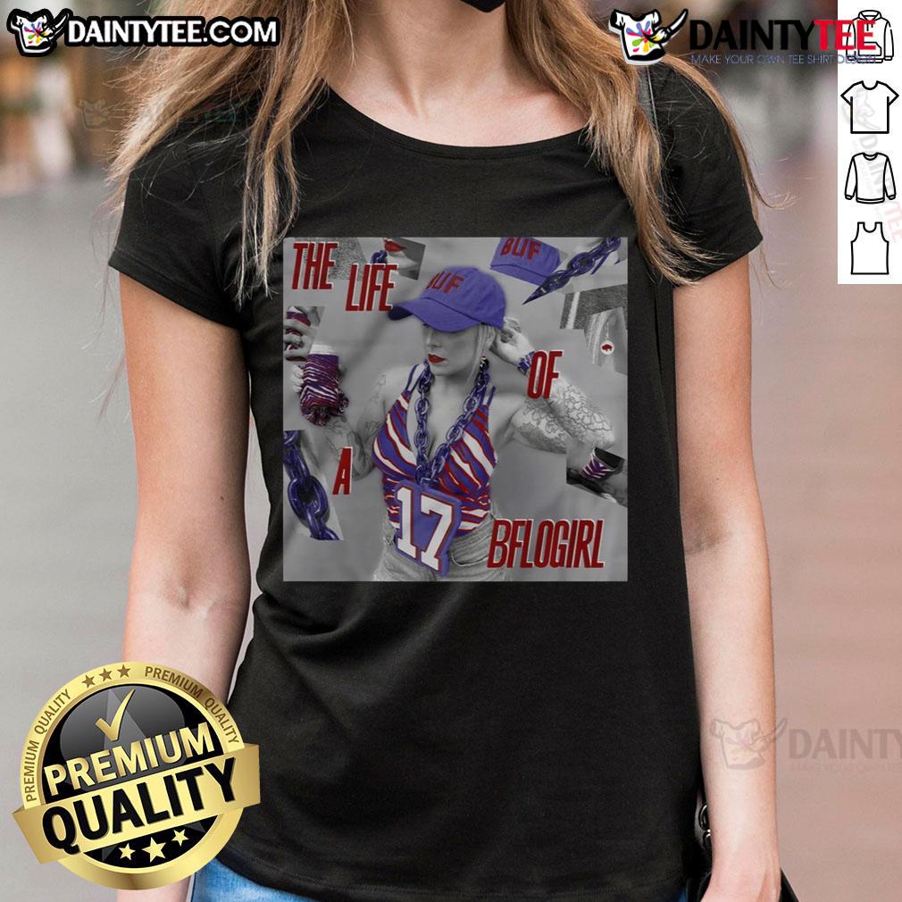 Buffalo Bills official ladies tee featuring 'The Life of a BFLOgirl' design, perfect for fans and game day attire.