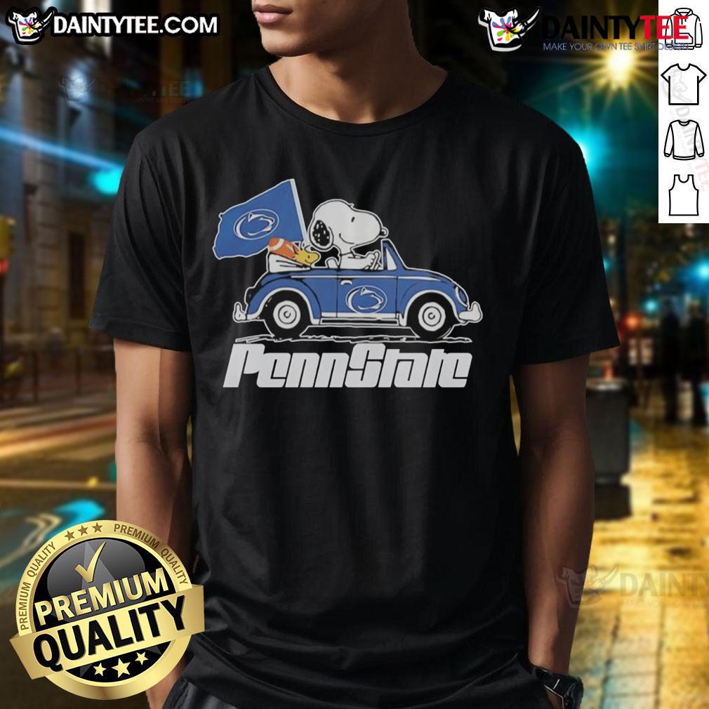 Official Penn State flag t-shirt featuring Snoopy and Woodstock driving a car, perfect for Penn State fans.