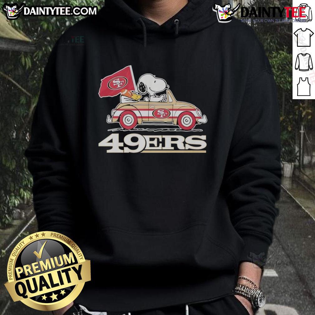 Alt Text: San Francisco 49ers X Snoopy hoodie featuring Woodstock driving a car, perfect for fans and casual wear.