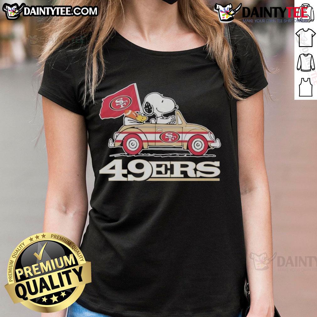 Official San Francisco 49ers x Snoopy with Woodstock driving a car on a ladies tee, perfect for football fans and fashion lovers.